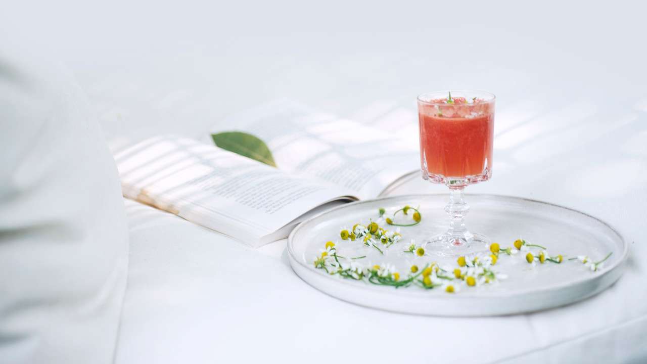 an opened book with a healthy plate with red juice